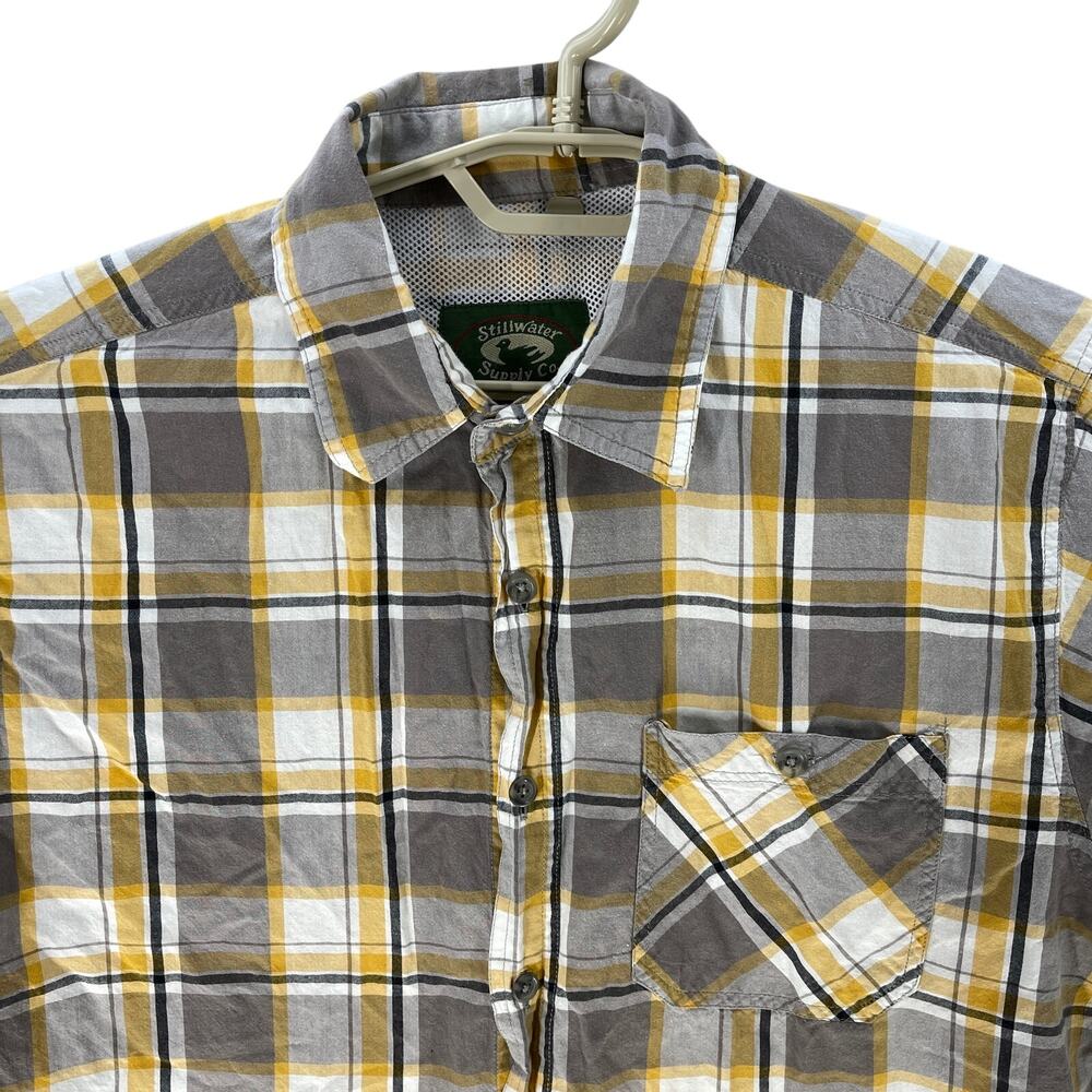Stillwater Supply Button Up Shirt Mens M Yellow Gray Plaid Short Sleeves Cotton